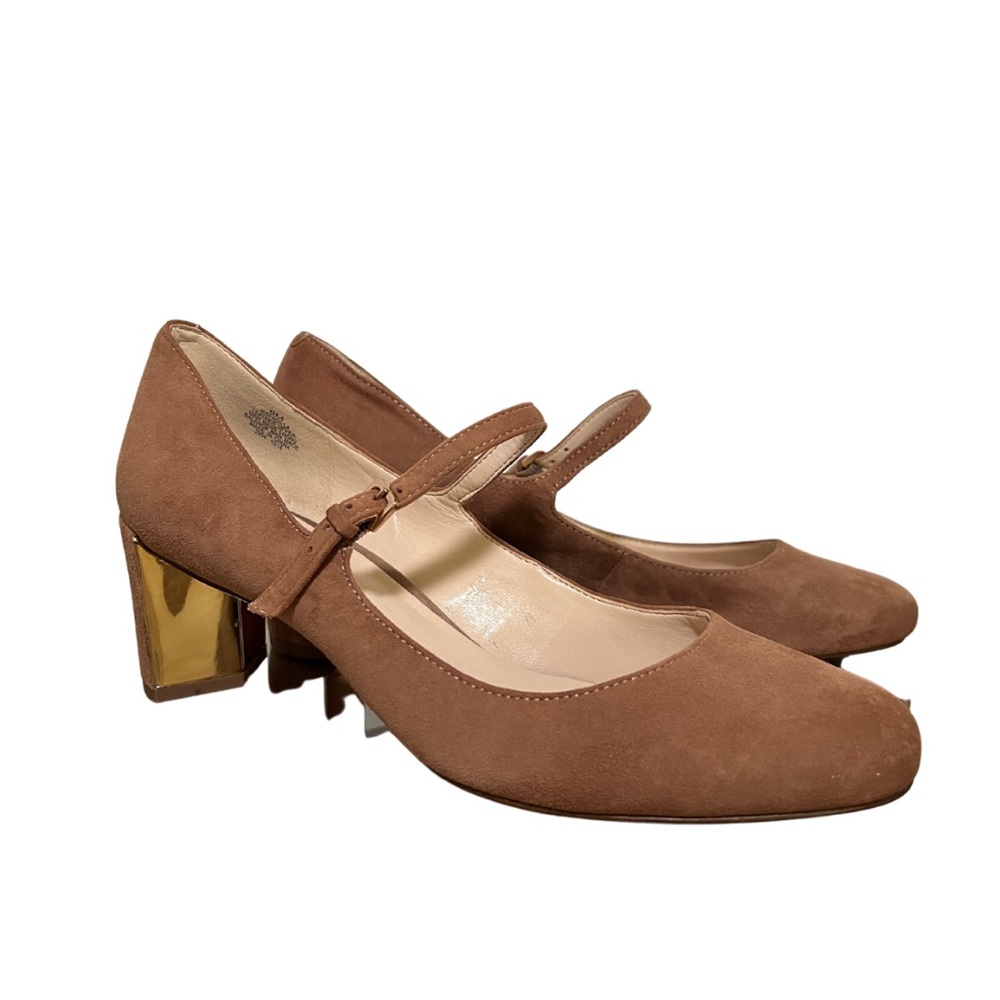Nine West Nubuck/Suede Tan Leather Fadilla Mary Jane Block Heel Pumps size 8